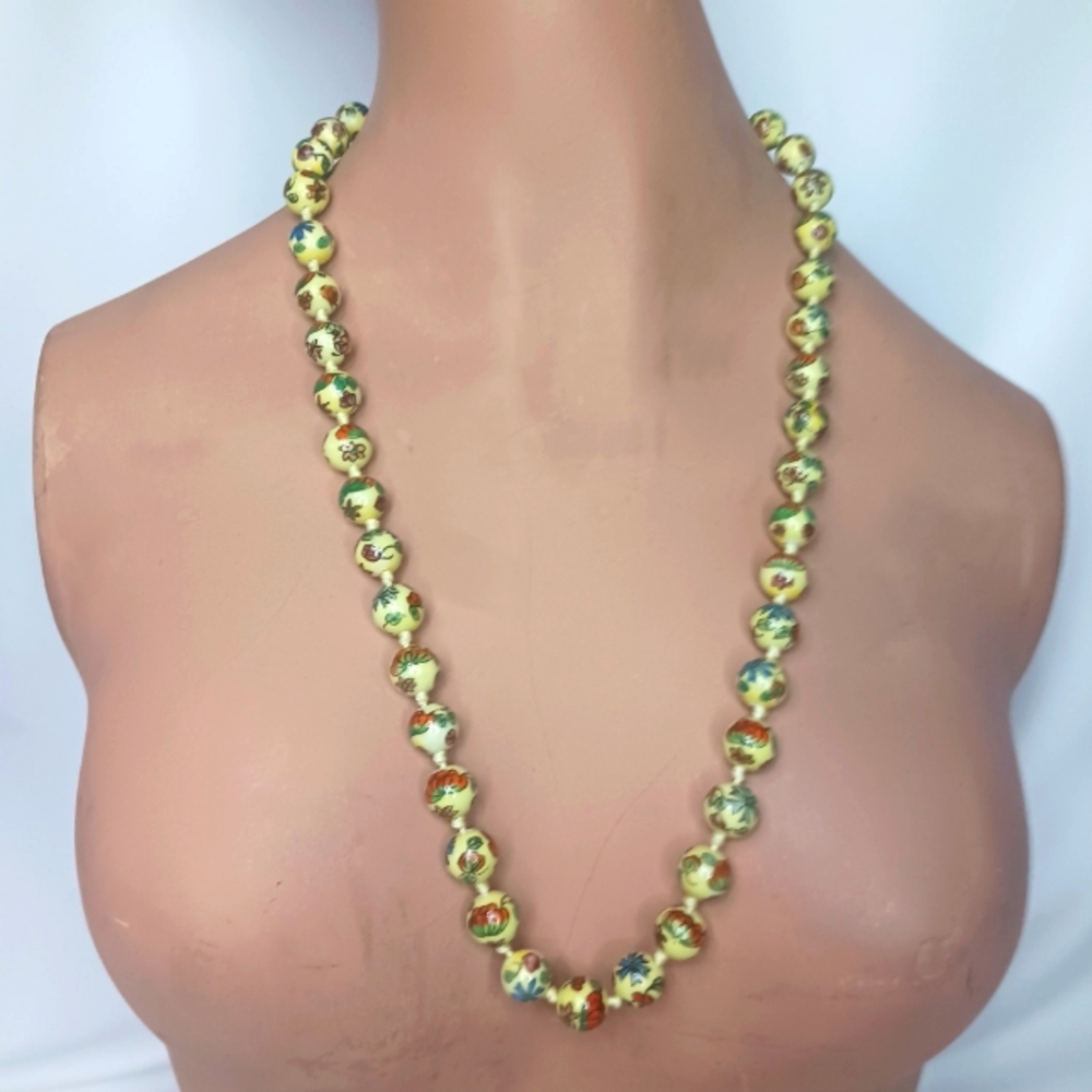 Vintage Chinese Cloisonne Yellow Base Floral Hand Knotted Necklace.